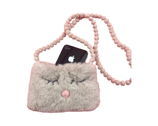 Pink Fuzzy Faux Fur Shoulder Bag – Cute Animal Face Crossbody Purse