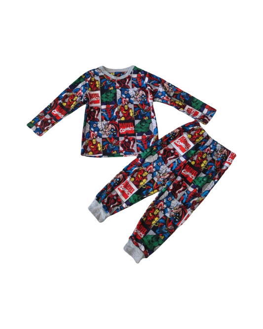 Marvel Superhero Comic Print Kids Pajamas Set - Long Sleeve Cotton Sleepwear