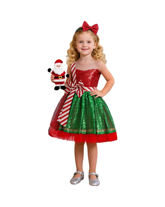Red and Green Striped Holiday Dress with Matching Headband for Girls