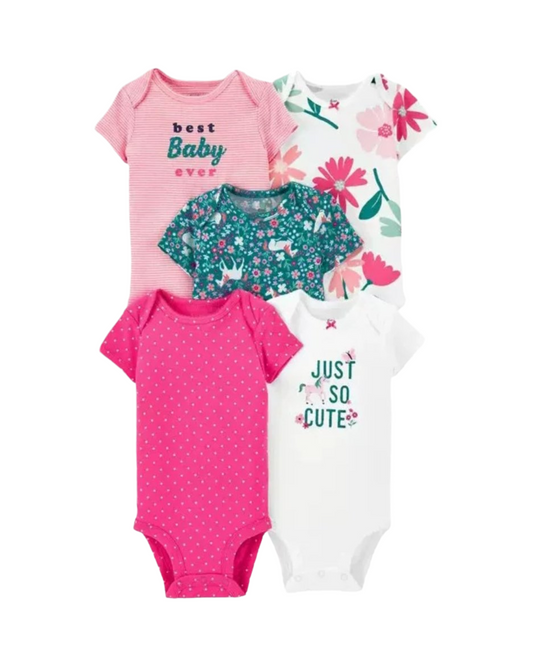 Cute Patterned 100% Cotton Baby Girl Onesie 5PCS Set
