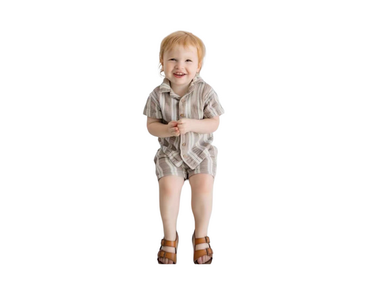 Striped Short Sleeve Linen Button Down Toddler Two Piece Outfit Set