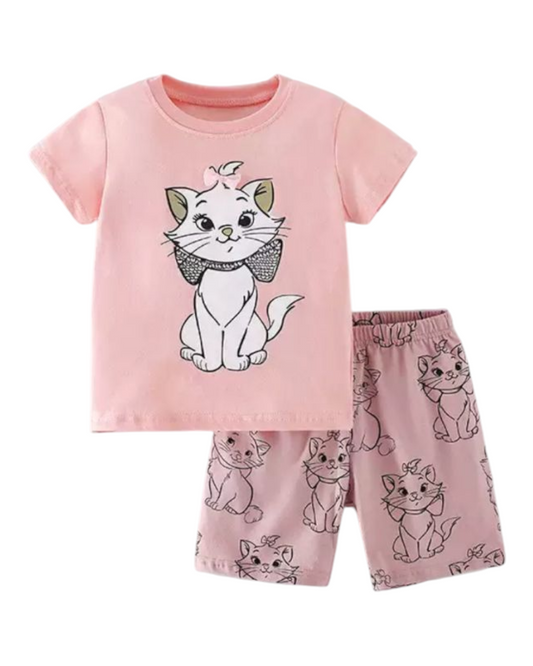 Pink Cat Patterned Cotton T-Shirt and Shorts Pyjama Set