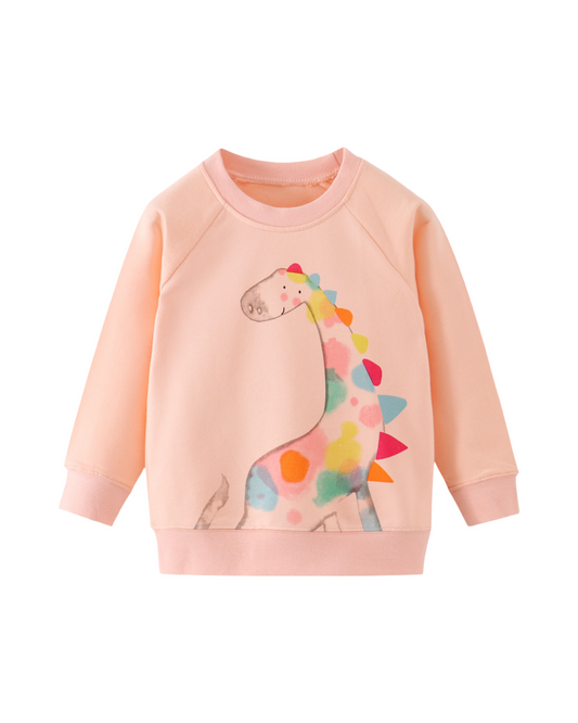 Cotton Long Sleeve Girls Graphic Sweatshirt Dinosaur & Cat Print