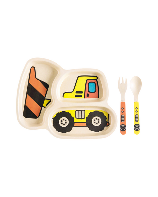 Construction Theme Baby & Toddler Feeding Set – 3 Piece Self-Feeding Utensils and Plate