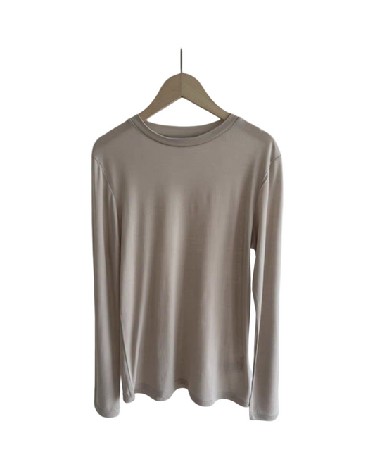 Long Sleeve Round Neck Stretch T-Shirt – Soft Satin Blend Casual Top