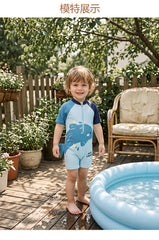 Blue Shark Print Short Sleeve Boys Rash Guard Swim Shirt
