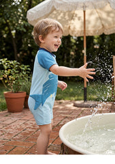 Blue Shark Print Short Sleeve Boys Rash Guard Swim Shirt