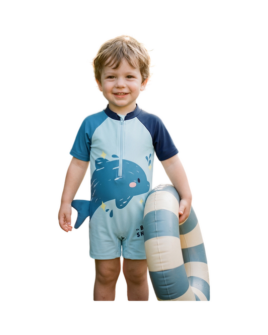 Blue Shark Print Short Sleeve Boys Rash Guard Swim Shirt