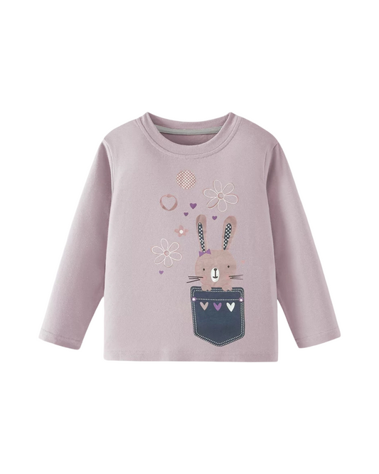 Long-Sleeve Cotton Graphic Tee with Rabbit Pocket