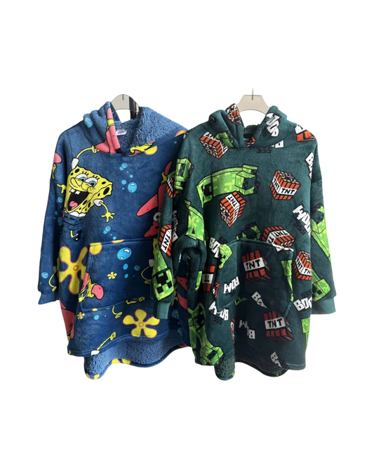 Fleece Hooded Oversized Blanket For Boys Featuring A Vibrant Yellow Porous Character and Video Game Print  With Front Pocket And Long Sleeves