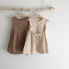 Sleeveless Dress with Bow and Buttons