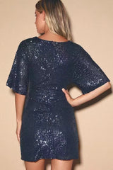 Robe courte fluide à col en V, pailletée et scintillante, bleu marine