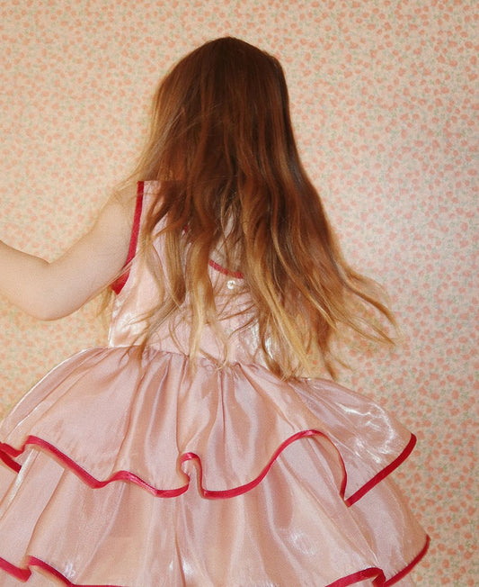 Pink Ruffled and Layered Dress with Red Trim