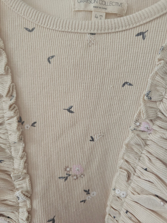 Cream Long-Sleeved Dress with Graceful Flower Pattern