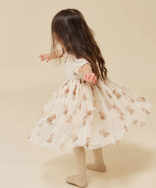 Christmas Teddy Bear Patterned Dress with Tulle Skirt