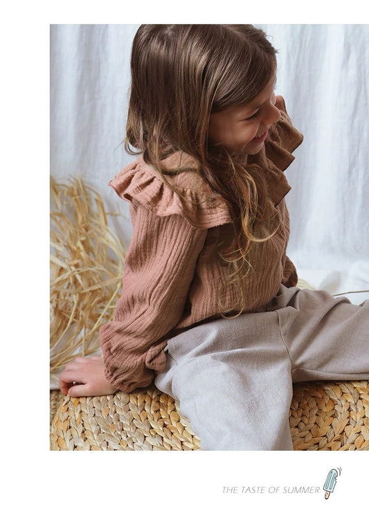 Long-Sleeved Ruffled Cotton Top