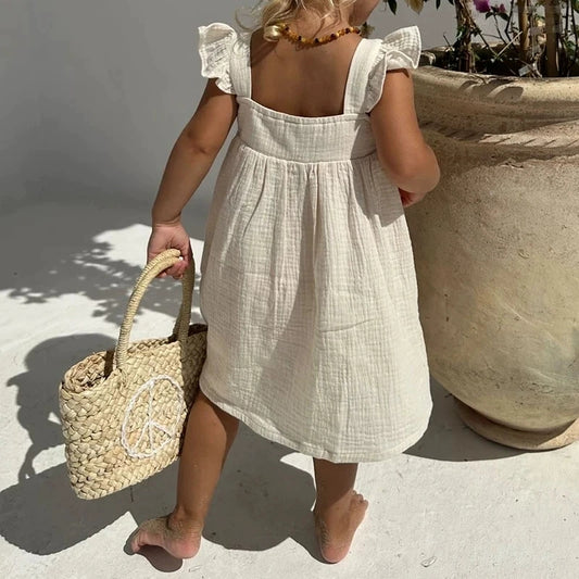 Ruffle-Sleeved White Cotton Dress
