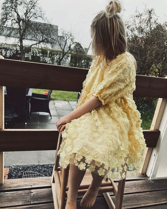 Girls Yellow Dress with 3D Flower Pattern