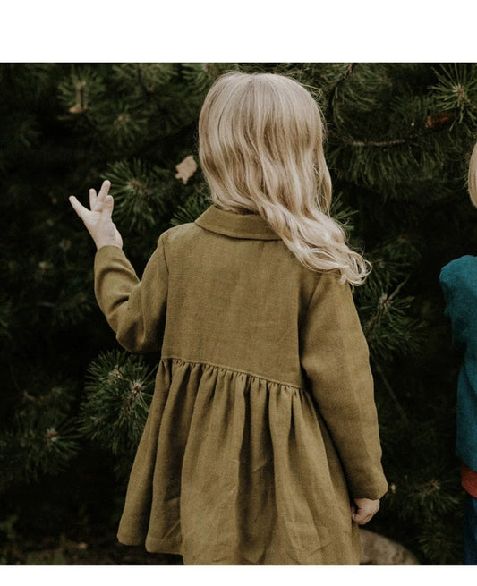 Girls' Linen Coat With Collar and Buttons
