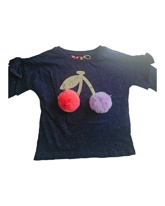 Dark Blue Top with Pom-Pom Cherries