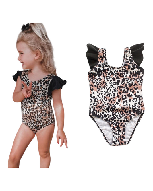 One-Piece Leopard Print Swimsuit with Black Ruffles