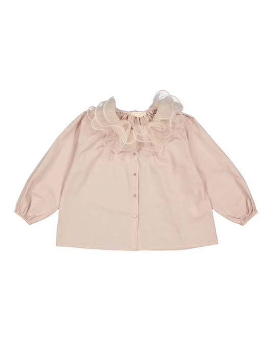 Pink Long-Sleeved Blouse with Tulle Collar