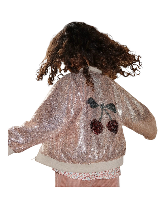 Toddlers Rose-Gold Sequin Bomber Jacket with Cherries on Back