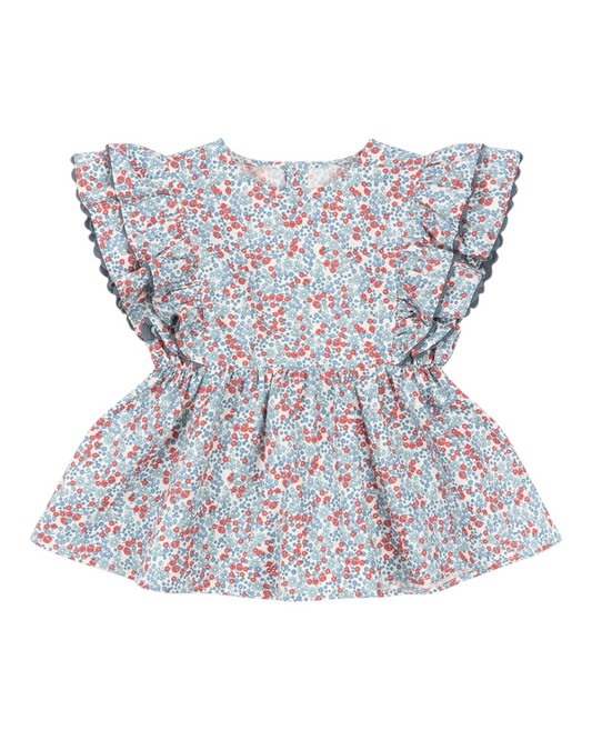 Red and Blue Floral Ruffled Shirt