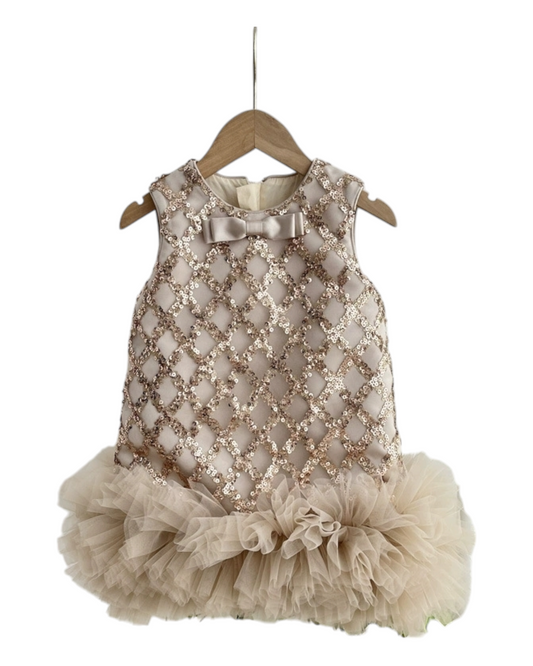 Satin Dress with Tulle Ruffles and Sequinned Patterns