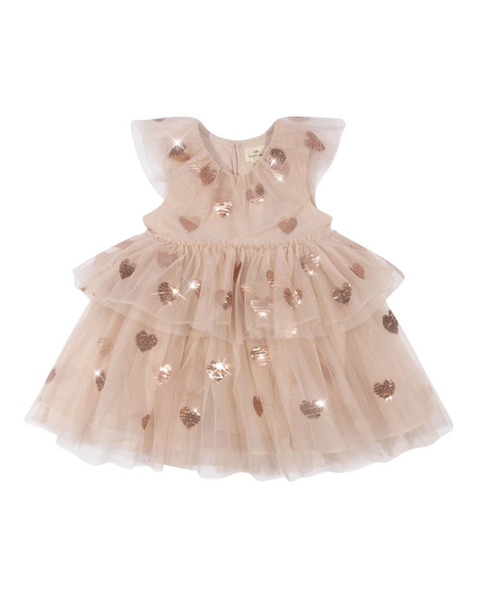Light Brown Tiered Tulle Dress with Heart Sequins