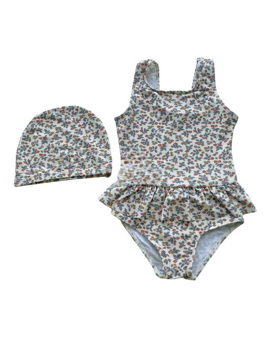 Floral Girls Ruffled One-Piece Swimsuit with Swim Cap