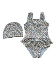 Floral Girls Ruffled One-Piece Swimsuit with Swim Cap