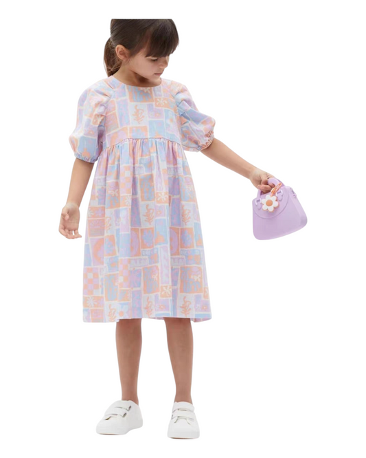 Pastel Patterned Knee-Length Dress with Puffed Sleeves