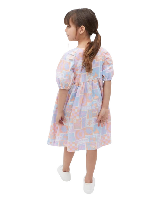 Pastel Patterned Knee-Length Dress with Puffed Sleeves