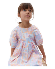 Pastel Patterned Knee-Length Dress with Puffed Sleeves