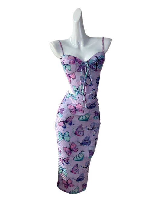 Two-Piece Purple Butterfly Corset Top and Skirt Set