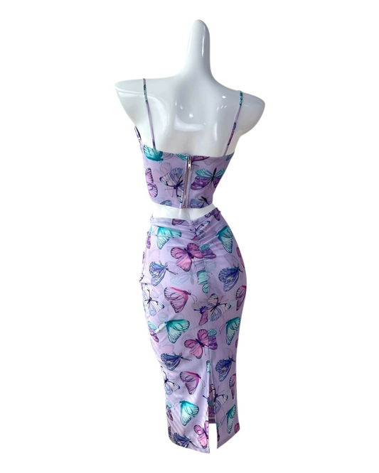 Two-Piece Purple Butterfly Corset Top and Skirt Set