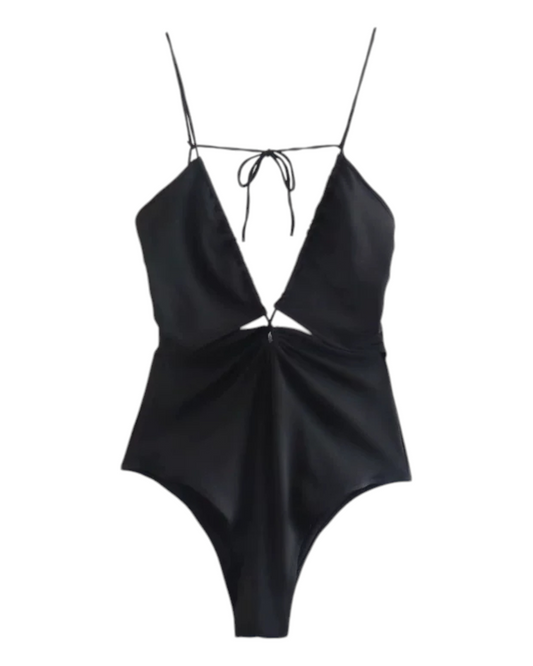 Black One-piece Swimsuit with Low Neckline