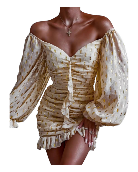 Short Fitted Gold Dress with Long Puffed Sleeves