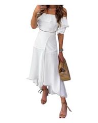 White off-the-shoulder Flowy Slit Dress