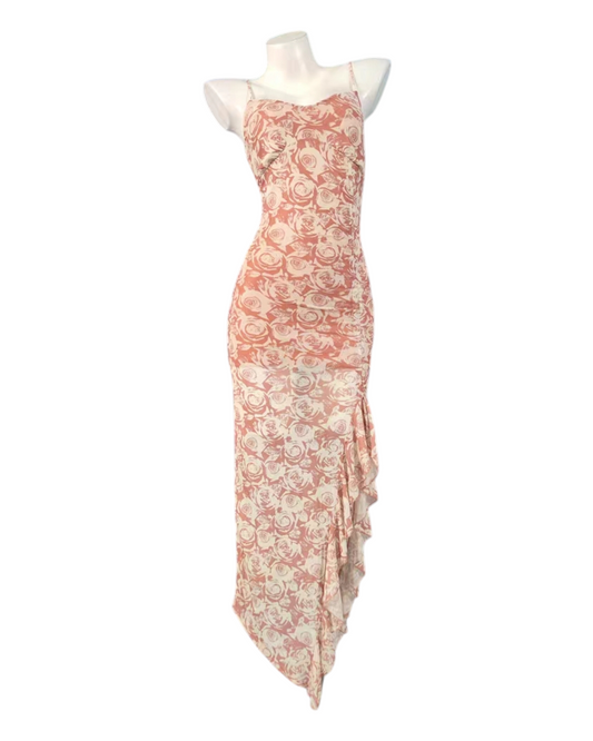 Long Floral Sleeveless Dress with Asymmetrical Skirt