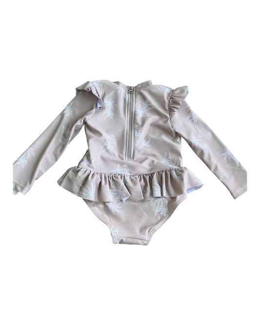 Beige Long-Sleeved Swimsuit with Ruffles