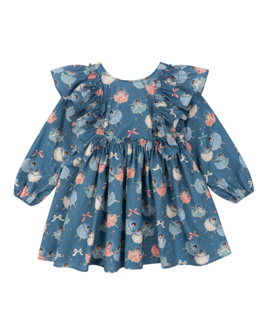 Blue Ruffled Long-Sleeved Dress with Ballet Dancer Pattern