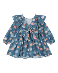 Blue Ruffled Long-Sleeved Dress with Ballet Dancer Pattern