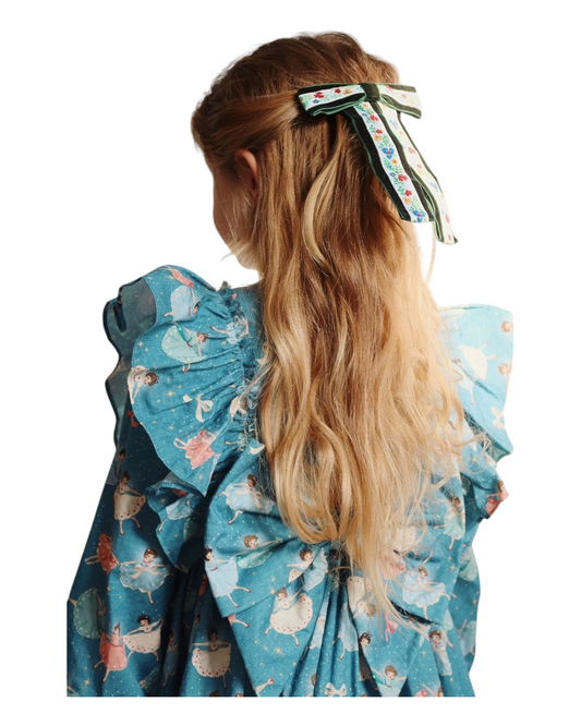 Blue Ruffled Long-Sleeved Dress with Ballet Dancer Pattern