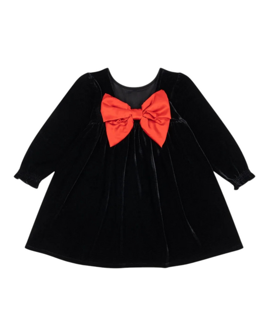 Black Long-Sleeved Dress with Red Bow at Back