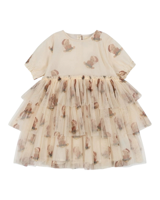 Christmas Teddy Bear Patterned Dress with Tulle Skirt
