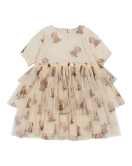 Christmas Teddy Bear Patterned Dress with Tulle Skirt