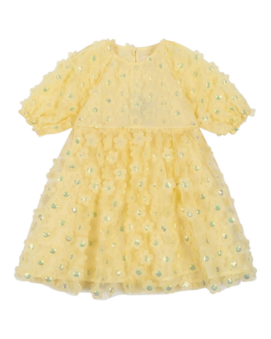 Girls Yellow Dress with 3D Flower Pattern
