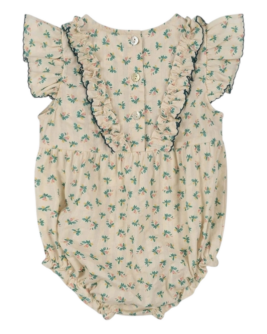 Toddler Romper with Blue Flower Pattern and Trim